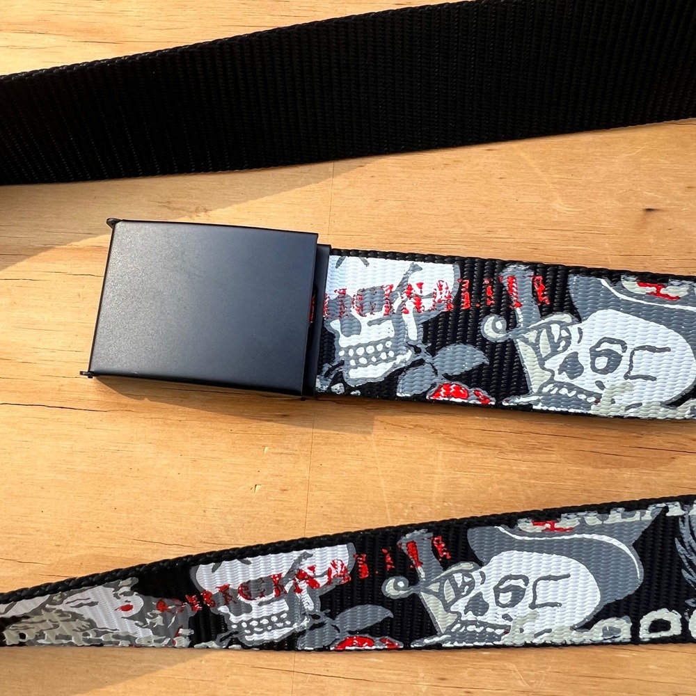 Skull Pinup Girl Nylon Web Belt Black Metal Bottle Opener Buckle 48 Inch BF51664